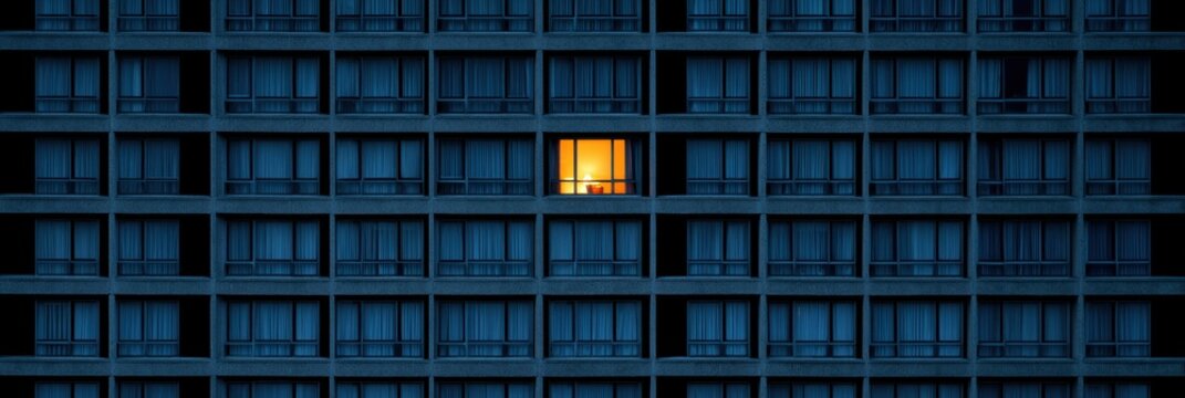 A warm light glows from one apartment window in a large, dark building. This scene highlights feelings of isolation in a bustling city at night.