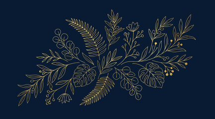 Sophisticated gold line art botanical composition with monstera leaves, ferns, and eucalyptus branches on a dark blue background © Saharia