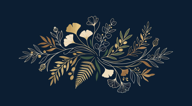 Elegant botanical arrangement with gold and green foliage, ginkgo leaves, fern, and berries on a dark blue background