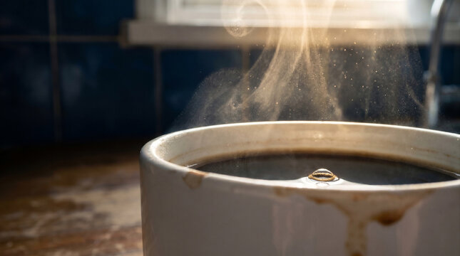 Golden Sunlight Scattering Through Rising Coffee Steam &ndash; Veil of Mist Macro &ndash; First Awakening &ndash; Low‑Angle Window Beam