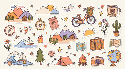 Hand drawn travel stickers set, cute camping adventure icons in pastel colors, outdoor vacation doodle elements vector collection