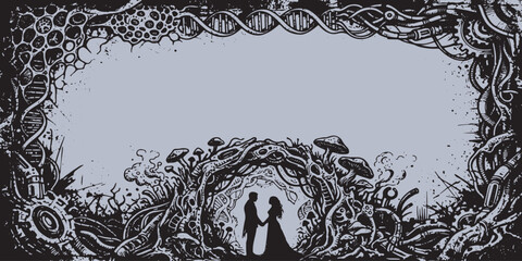 Eternal Bond: A silhouette of a couple stands hand in hand, framed by an intricate archway of organic and mechanical elements. ©  sTuDiO Banner 
