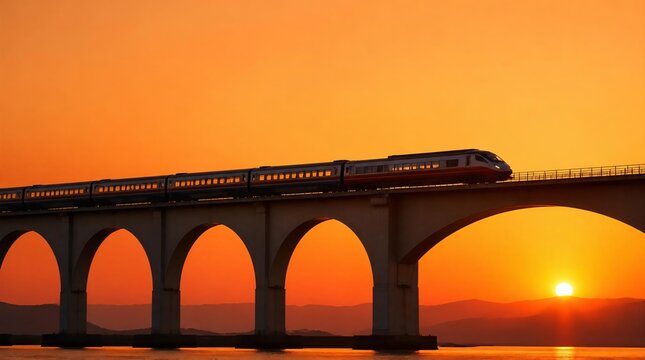 A cinematic widescreen view capturing the rhythmic movement of a train crossing a stone arched bridge during a vibrant sunset on May 1 2026, highlighting the peaceful journey and travel.