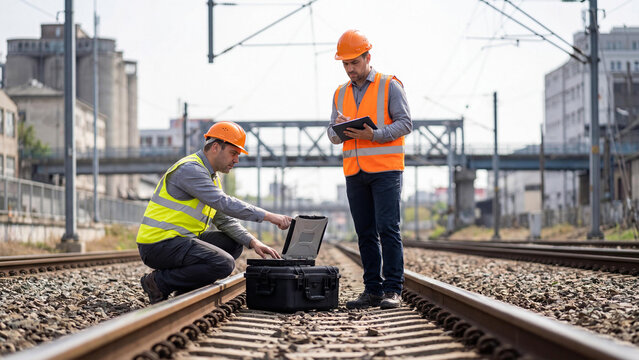 Two railway workers inspecting tracks outdoors using equipment. Infrastructure maintenance, transportation safety, teamwork and industrial labor environment.