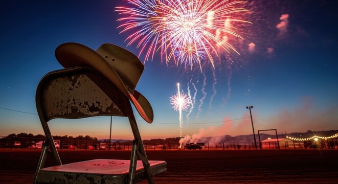 Cowboy hat on a chair watching fireworks at a summer night rodeo event