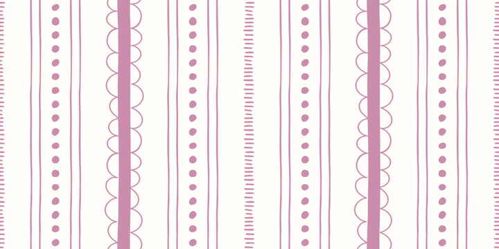 Seamless pink stripe pattern with dotted lines and scallop borders. Feminine girly cute hand drawn vector background for fabric, baby wallpaper, wrapping paper, nursery decor, planner, scrapbook