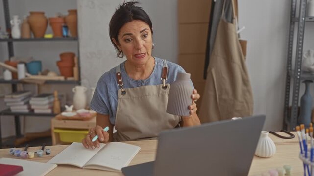 Woman holding ceramic vase and writing notes in a notebook with laptop on desk at a pottery studio; calm concentration.