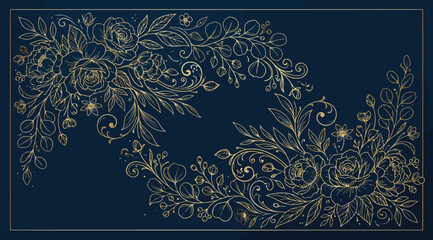 Elegant gold line art floral frame with roses and eucalyptus branches on dark blue © Saharia