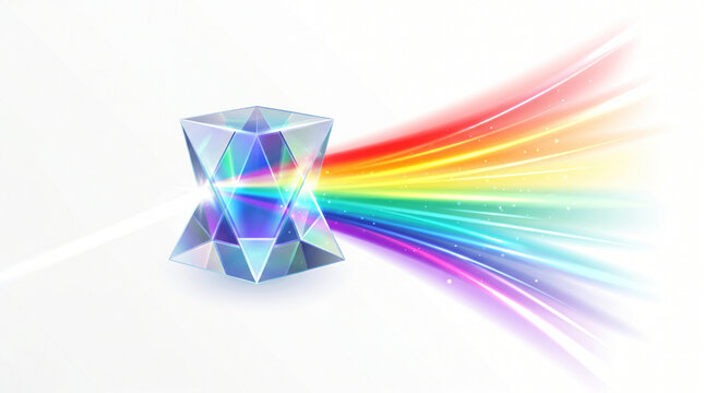 Geometric prism refracting light spectrum into rainbow colors on white background