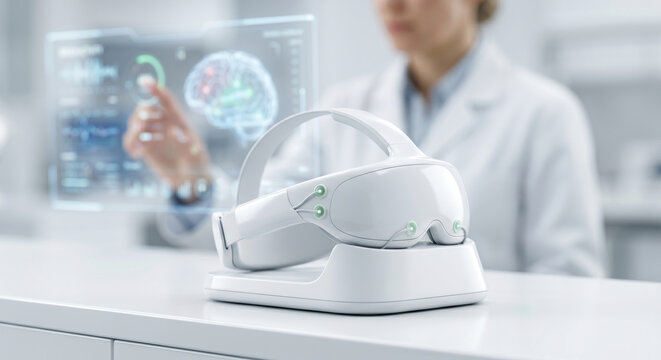 Advanced brain computer interface headset in medical laboratory with doctor analyzing neural activity on screen.