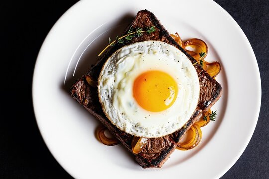 Steak and egg bife a cavalo dish on white plate. Grilled beef, fried egg with yellow yolk, sauteed onion rings. Savory meal served with herb garnish. Traditional Brazilian cuisine.