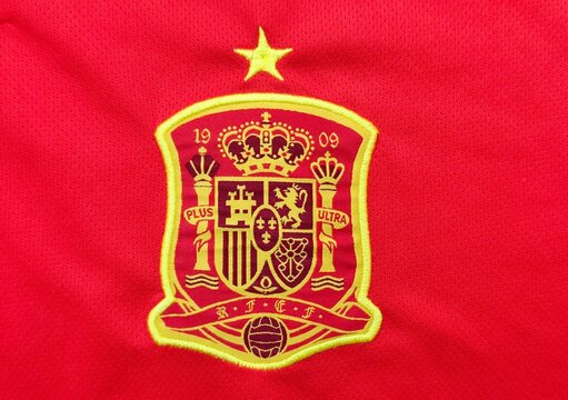 Photo of the embroidered emblem on the Spain national football team&rsquo;s 2018 home kit. 
