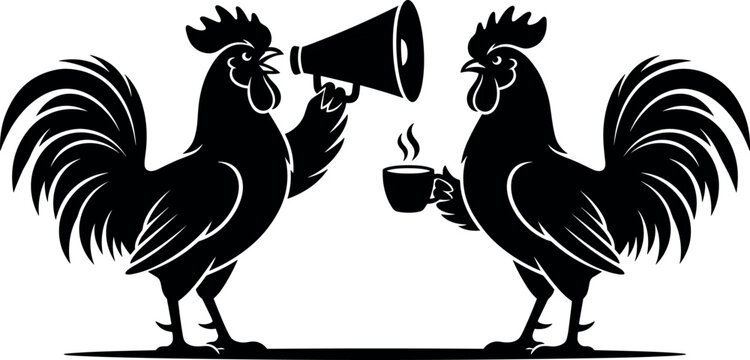 Funny Rooster Silhouette Character Set with Megaphone and Coffee Cup for Morning Wakeup and Early Bird Concept Design