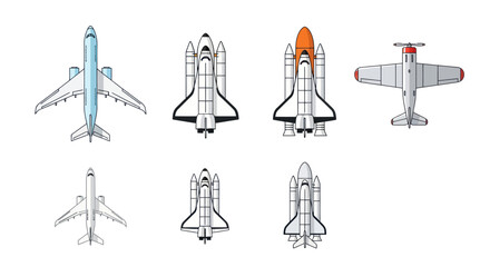 Various aircraft and spacecraft collection, top view: airplane, space shuttle, biplane © Beat