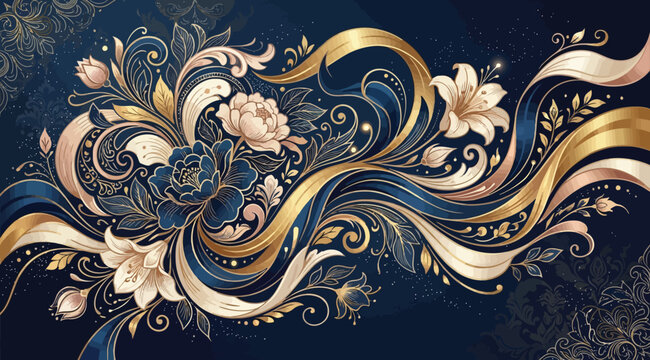 Luxurious floral composition with golden and blue flowing ribbons
