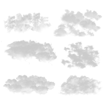 Set of isolated white cloud elements on transparent background, Realistic soft fluffy cloud shapes for graphic design