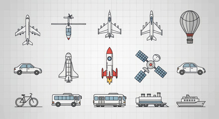Vector Icons: Transportation, Aircraft, Spacecraft, Vehicles, Travel, Technology © Cicii