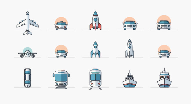 Vector Icons: Transportation Set - Airplane, Car, Rocket, Train, Ship