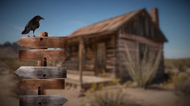 Raven perched on a desert sign post