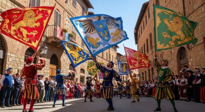Medieval flag throwers performing a traditional parade in Italy