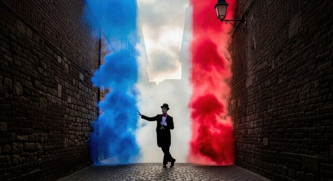 Mime performing with blue and red smoke in a narrow cobblestone alleyway
