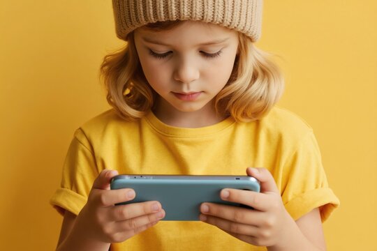Blonde child in beanie and yellow shirt holds phone. Kid plays game or watches video on mobile device. Youngster focused on smartphone screen, yellow studio backdrop.