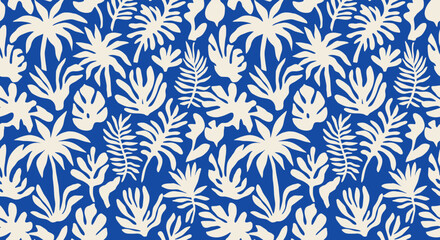 Materiał do szycia Seamless tropical leaf pattern with palm and jungle foliage silhouettes, abstract blue and white botanical vector background
