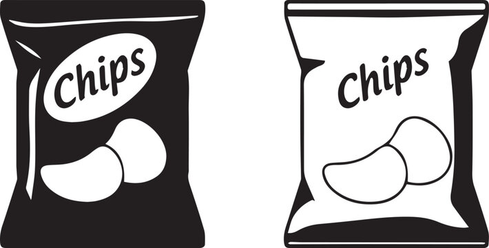 Two black and white chip bags with chips isolated on white background