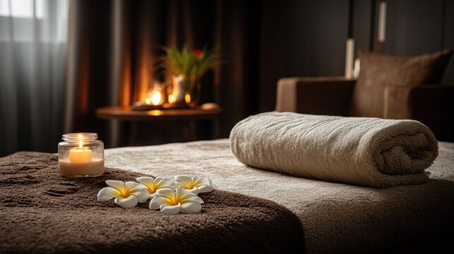 Therapy stress release treatment, health lifestyle. A tranquil spa setting with a bed covered in a brown towel, adorned with white and yellow flowers.