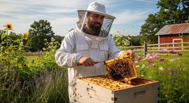 Beekeeper man working with beehive at sunny flower garden. Farmer collecting honey from honeycomb frame. Sustainable organic agriculture, apiary management and beekeeping profession.