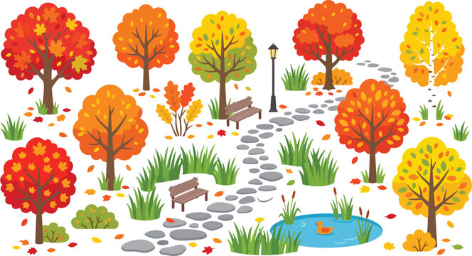 Colorful autumn park scene with trees benches stone path pond and duck  serene natural environment