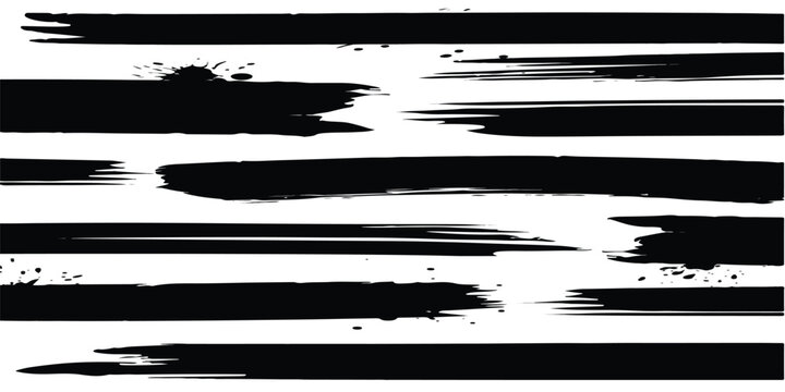 Black grunge brush stroke set. Rough ink paint banners and censorship bars for redacted text. Vector texture labels.
