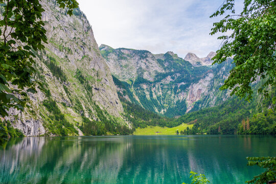 Stunning view of Obersee lake with reflection of Alps mountains, Bavaria