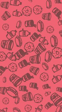 Pink background with doodle-style coffee cups and donuts. Cups tilt, donuts float, creating playful chaos. Ideal for cafe, dessert, or fun design concepts