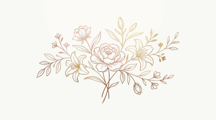Elegant floral bouquet illustration with peony and lilies in rose gold and gold gradient line art © Saharia