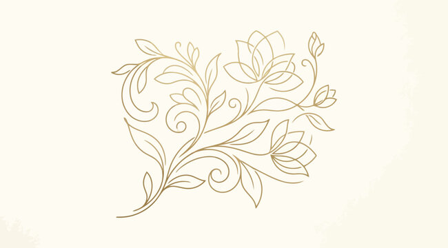 Golden floral line art illustration, elegant botanical drawing with swirling branches and flowers