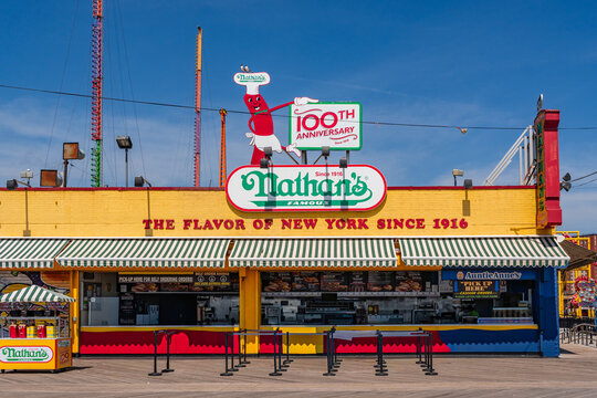 Coney Island, New York, NY, US-April 14, 2026: Nathan's Hot Dog restaurant an iconic landmark in Coney Island.
