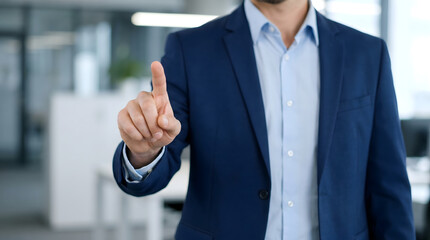 Fototapeta premium Businessman pointing finger, office background, corporate gesture, professional attire
