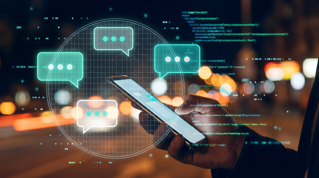 Mobile phone, chat bubbles, nighttime cityscape, digital communication, messaging apps
