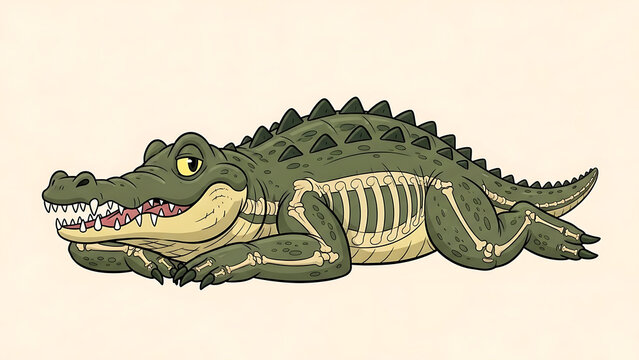 Cartoon crocodile with visible skeleton isolated on a transparent background