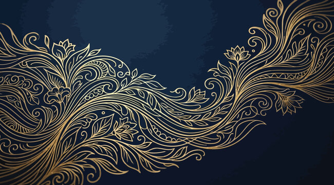 Elegant golden floral ornament on dark blue background