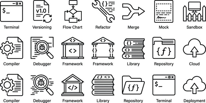 Software Development and Programming Icon Set Featuring Compiler, Debugger, Repository, Framework, Cloud, and Terminal for Coding, Development, and Technology Designs