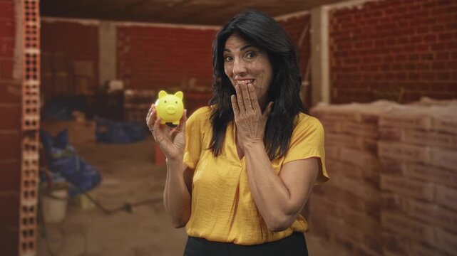 Middle aged woman holding yellow piggy bank, hand to mouth gesture inside unfinished building with stacked bricks and tools; surprise saving hope.