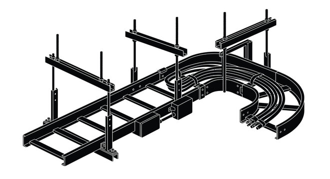 Silhouette of industrial pipe support system with structural framework and clamps