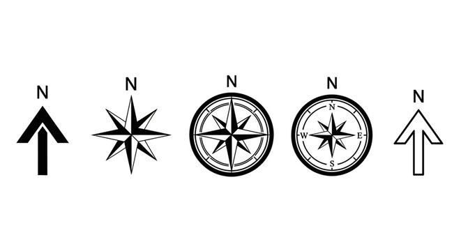 Collection of navigational arrows and compass rose icons representing direction and orientation