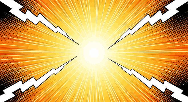 Comic book background with sunburst explosion and lightning bolts. Pop art radial zoom lines with halftone dots. Orange and yellow superhero action blast.
