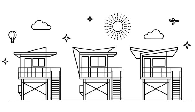Miami South Beach Lifeguard Towers Line Art Illustration - Minimalist Vector Outline Drawing