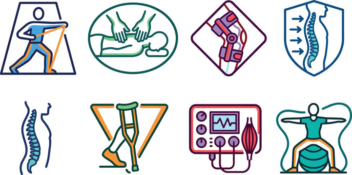 Physiotherapy and Rehabilitation Icon Vector Set Featuring Stretching Exercise, Massage Therapy, Knee Brace, Spine Alignment, Crutch, Electrotherapy Machine, and Balance Ball Exercise IllustrationsPhy