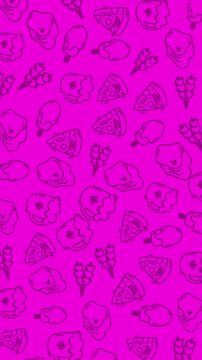 Vibrant pink background with playful food outlines. Thin black lines define pizzas, ice cream, and chicken. Pattern repeats uniformly across the entire surface. Ideal for whimsical, youthful