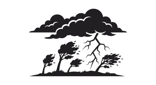 Stormy weather silhouette dark clouds and trees in windy conditions